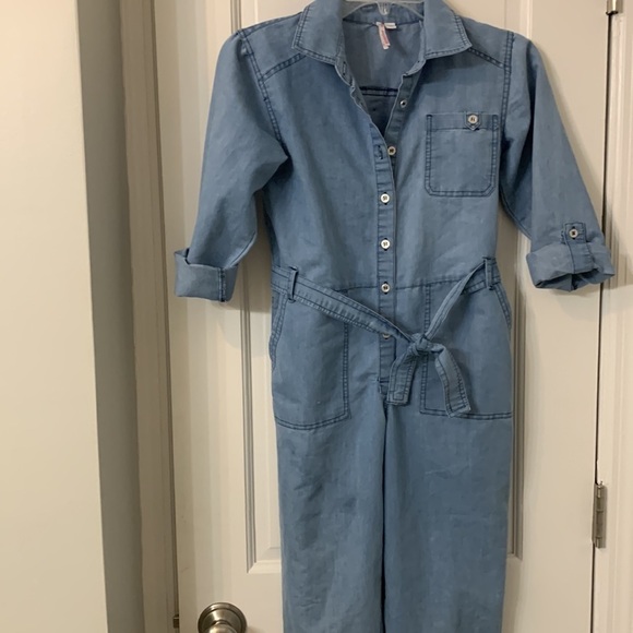 Girls chambray jumpsuit 10 Brown Scooter brand long sleeve roll tabs adorable - Picture 3 of 6